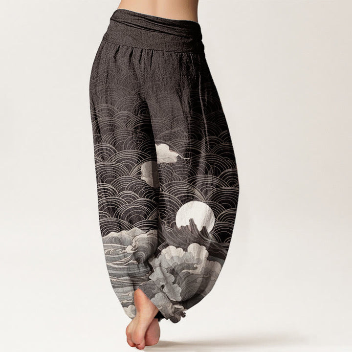 Buddha Stones Pure Cotton Casual Wave Moon Mountain Pattern Women's Elastic Waist Harem Pants - image 1