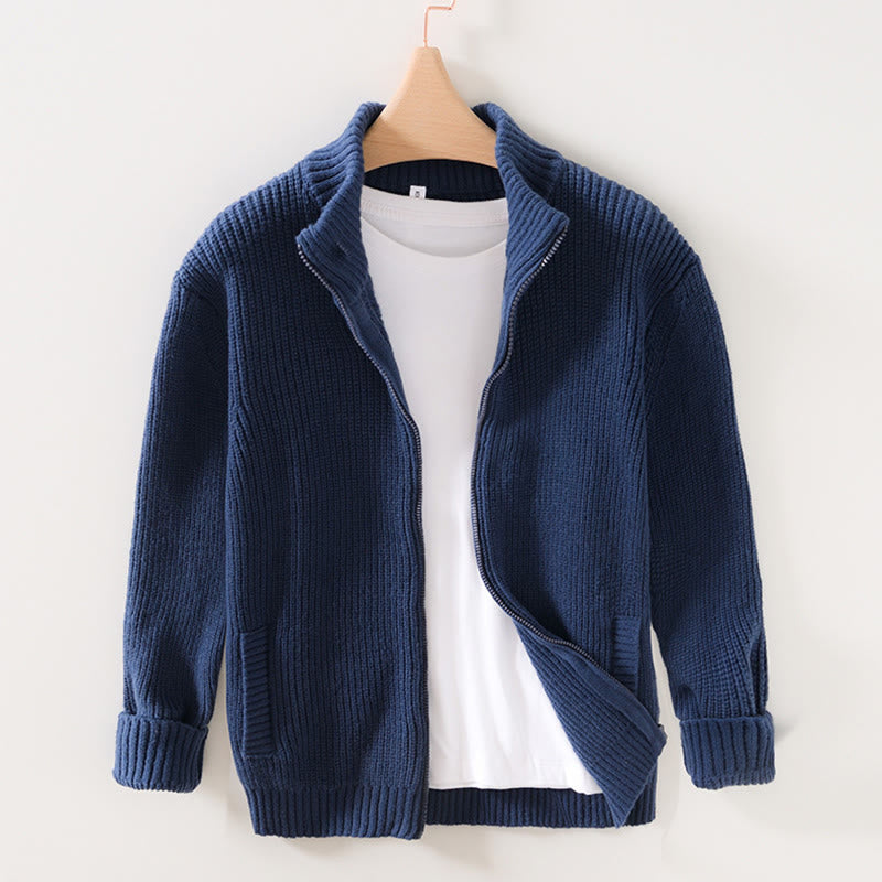 Buddha Stones Winter Solid Color Zipper Knit Cardigan Men's Long Sleeve Cotton Jacket With Pockets - DarkBlue - US/UK/AU40，EU50 (2XL) - image 0