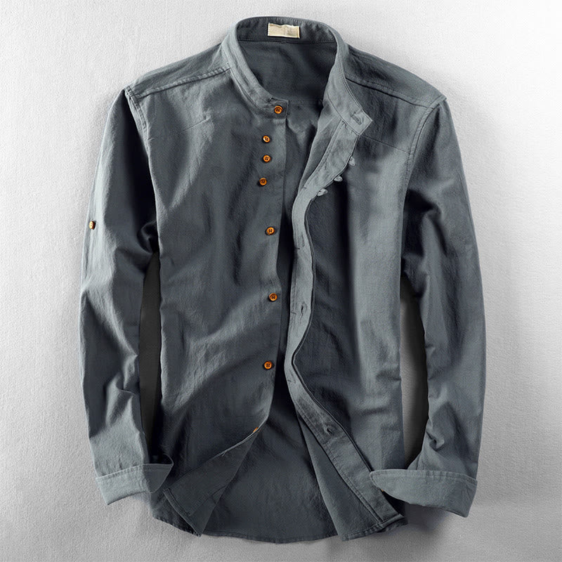 Buddha Stones Men's Slim Fit Design Stand Collar Crew Neck Long Sleeve Cotton Linen Shirt - CadetBlue - US/UK/AU50，EU60 (7XL) - image 10