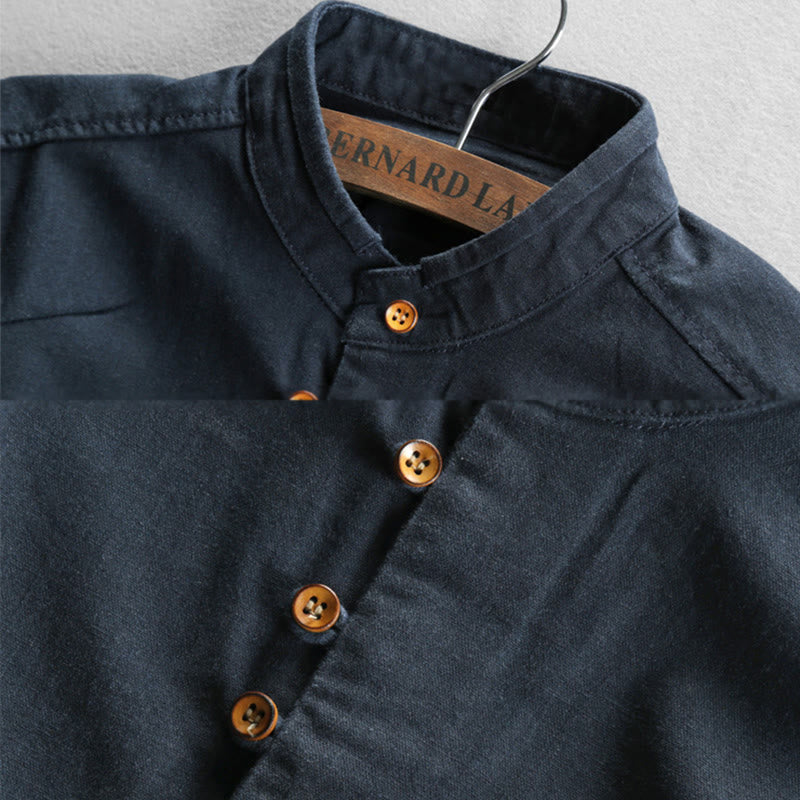 Buddha Stones Men's Slim Fit Design Stand Collar Crew Neck Long Sleeve Cotton Linen Shirt - image 1