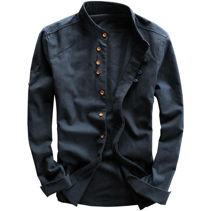 Buddha Stones Men's Slim Fit Design Stand Collar Crew Neck Long Sleeve Cotton Linen Shirt - image 2