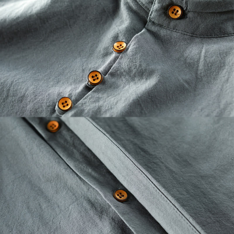 Buddha Stones Men's Slim Fit Design Stand Collar Crew Neck Long Sleeve Cotton Linen Shirt - image 11