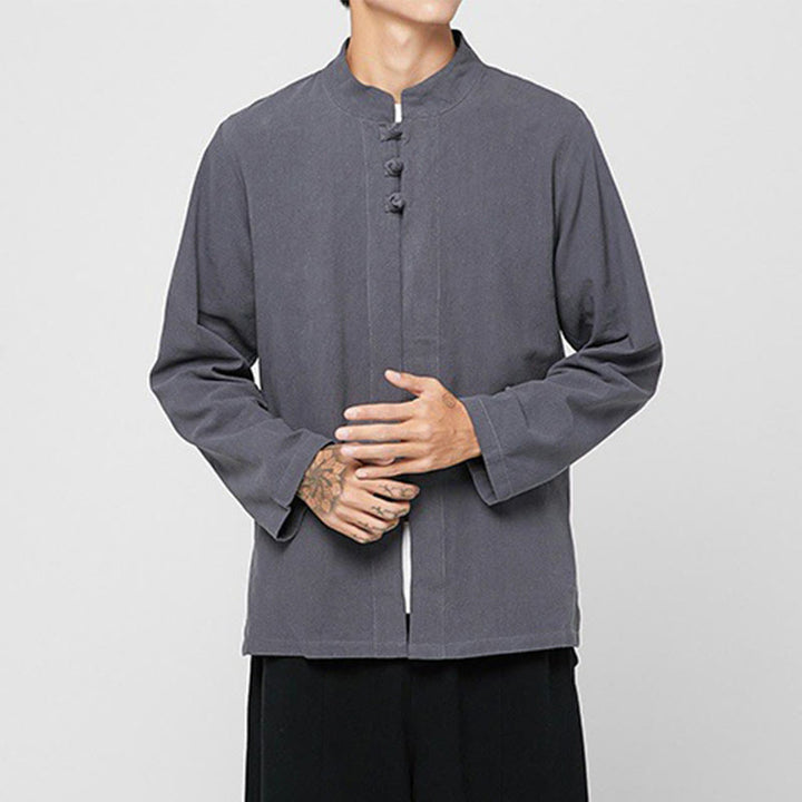 Buddha Stones Chinese Frog-Button Side Slit Men's Long Sleeve Cotton Tang Suit Shirt - image 3