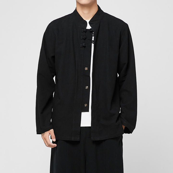 Buddha Stones Chinese Frog-Button Side Slit Men's Long Sleeve Cotton Tang Suit Shirt - Black - US/UK/AU46，EU56 (5XL) - image 7