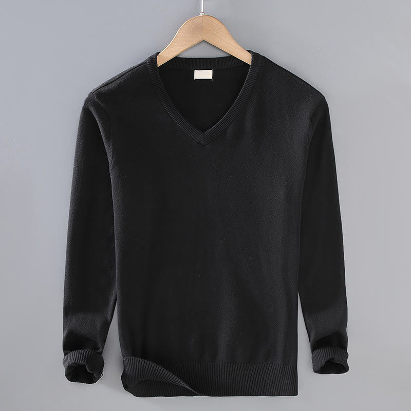 Buddha Stones Solid Color V-Neck Cotton Simple Design Men's Long Sleeve Sweater - Black - US/UK/AU42，EU52 (3XL) - image 9
