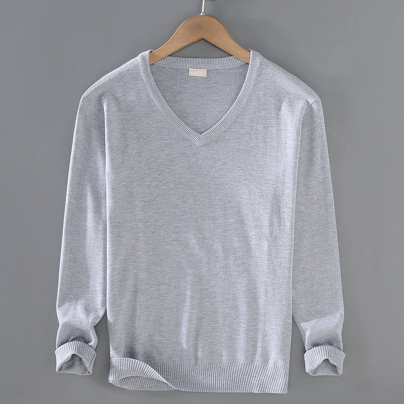 Buddha Stones Solid Color V-Neck Cotton Simple Design Men's Long Sleeve Sweater - Gainsboro - US/UK/AU42，EU52 (3XL) - image 0