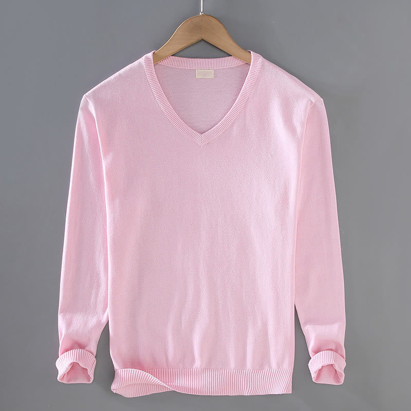 Buddha Stones Solid Color V-Neck Cotton Simple Design Men's Long Sleeve Sweater - Pink - US/UK/AU42，EU52 (3XL) - image 11