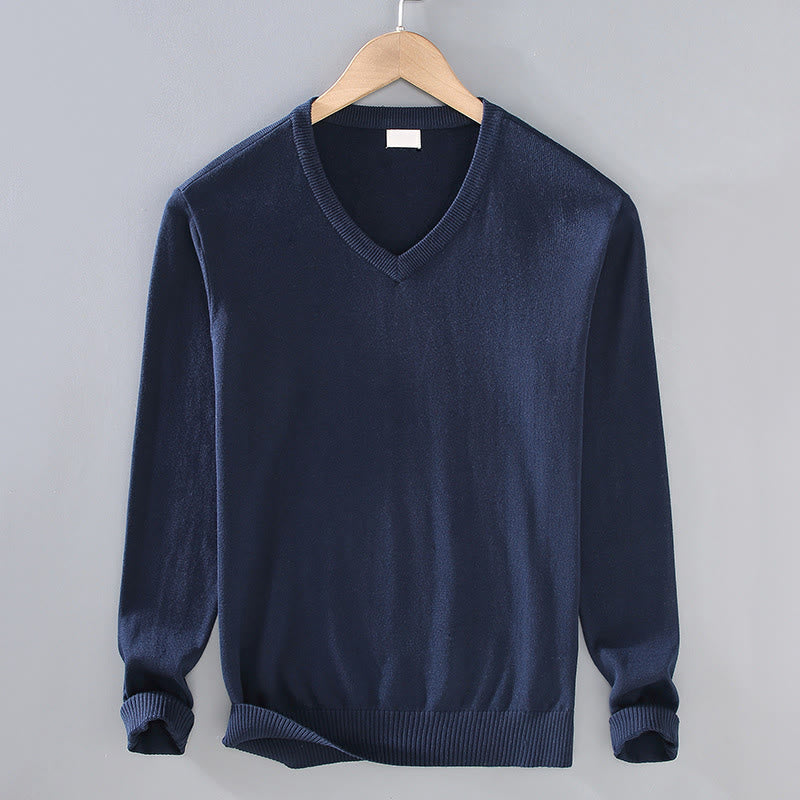 Buddha Stones Solid Color V-Neck Cotton Simple Design Men's Long Sleeve Sweater - MidnightBlue - US/UK/AU42，EU52 (3XL) - image 10