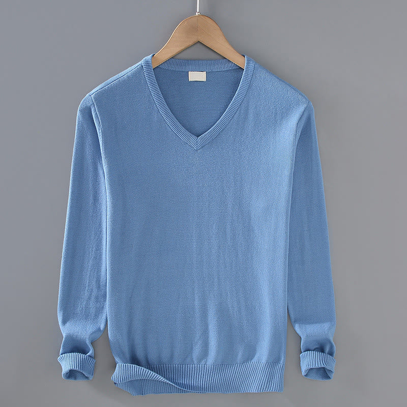 Buddha Stones Solid Color V-Neck Cotton Simple Design Men's Long Sleeve Sweater - CornflowerBlue - US/UK/AU42，EU52 (3XL) - image 12