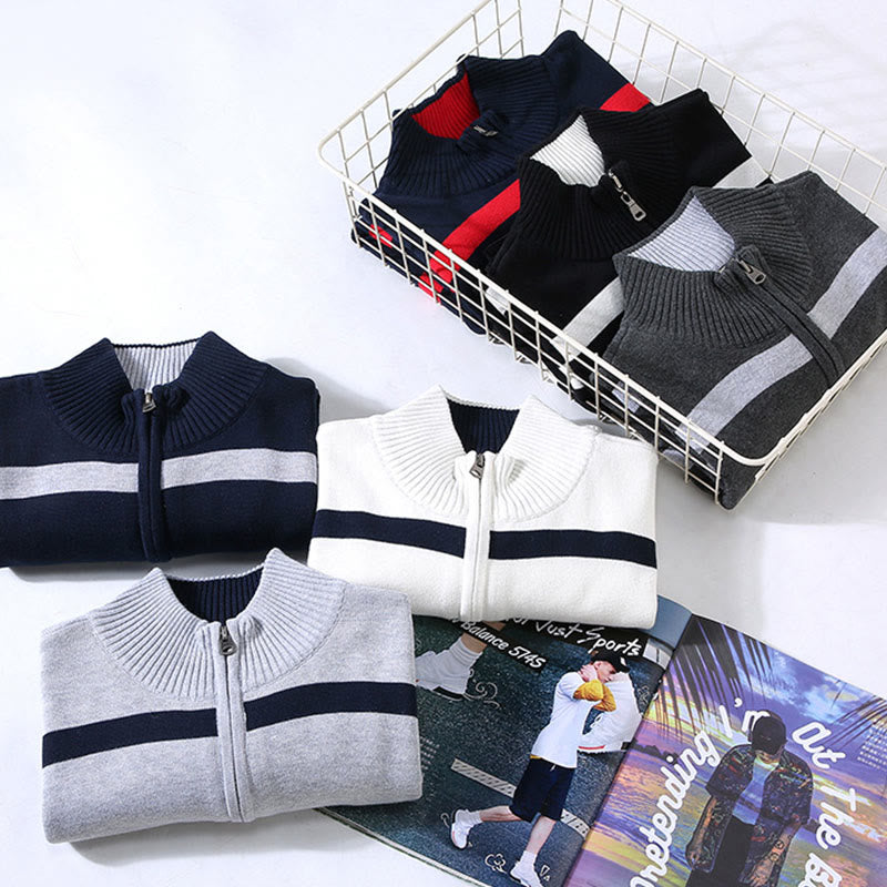 Buddha Stones Color Contrast Striped Half Zipper Design Cotton Men's Long Sleeve Sweater - image 14