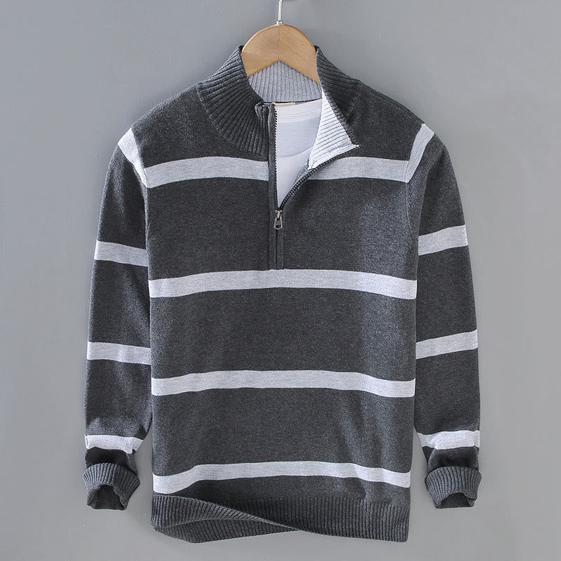 Buddha Stones Color Contrast Striped Half Zipper Design Cotton Men's Long Sleeve Sweater - DimGray DarkGray Stripe - US/UK/AU42，EU52 (3XL) - image 10