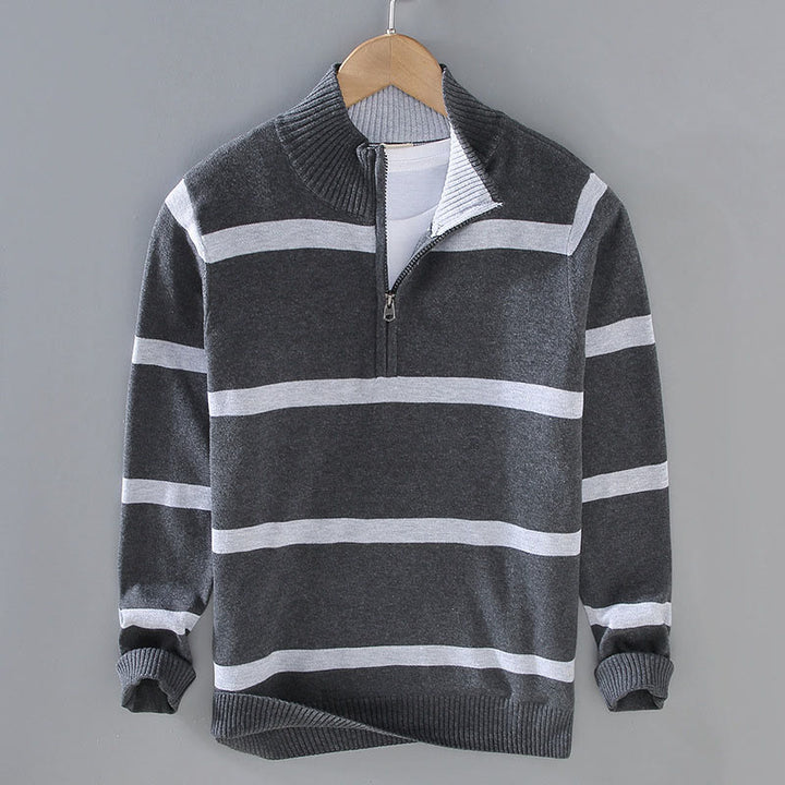 Buddha Stones Color Contrast Striped Half Zipper Design Cotton Men's Long Sleeve Sweater - DimGray DarkGray Stripe - US/UK/AU42，EU52 (3XL) - image 10