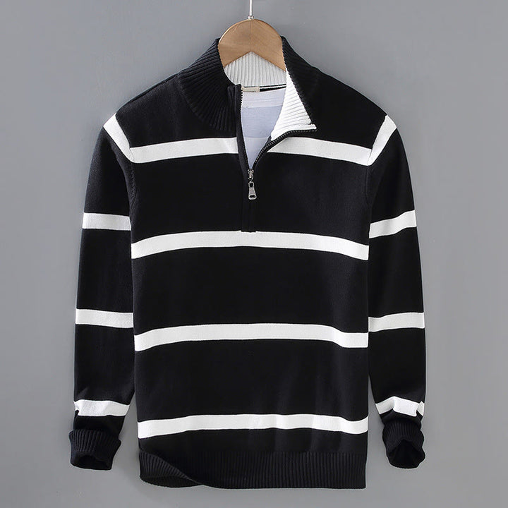 Buddha Stones Color Contrast Striped Half Zipper Design Cotton Men's Long Sleeve Sweater - Black White Stripe - US/UK/AU42，EU52 (3XL) - image 0