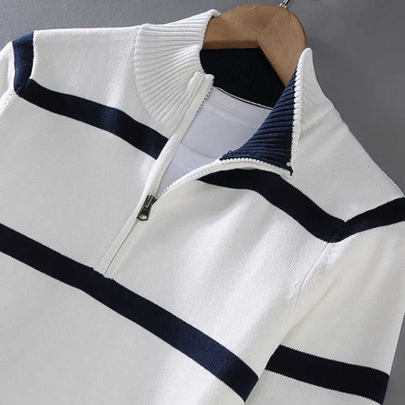 Buddha Stones Color Contrast Striped Half Zipper Design Cotton Men's Long Sleeve Sweater - image 3