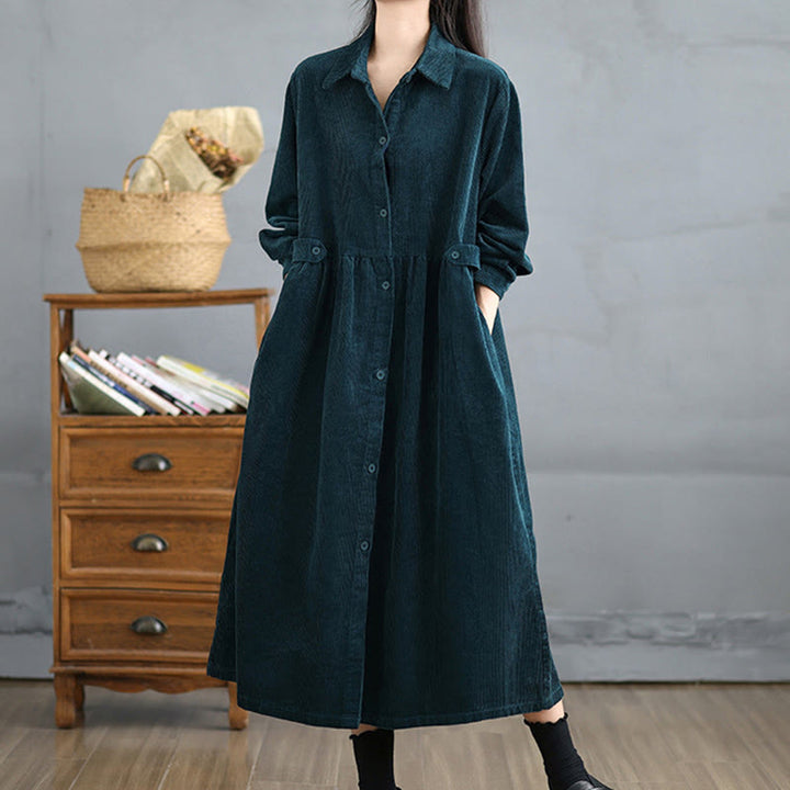 Buddha Stones Plain Buttons Long Sleeve Women's Cotton Corduroy Coat With Pockets - Teal - US12，UK/AU16，EU44 (2XL) - image 23