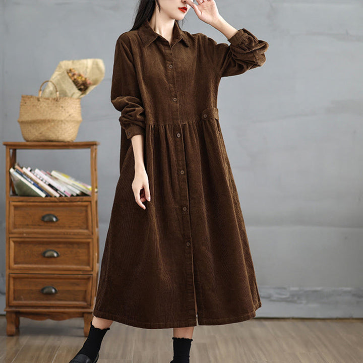 Buddha Stones Plain Buttons Long Sleeve Women's Cotton Corduroy Coat With Pockets - SaddleBrown - US12，UK/AU16，EU44 (2XL) - image 0