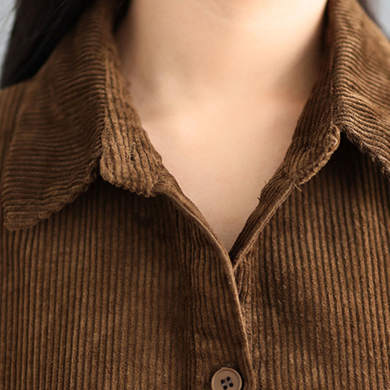 Buddha Stones Plain Buttons Long Sleeve Women's Cotton Corduroy Coat With Pockets - image 6