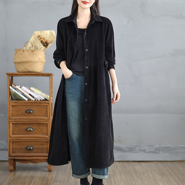Buddha Stones Plain Buttons Long Sleeve Women's Cotton Corduroy Coat With Pockets - Black - US12，UK/AU16，EU44 (2XL) - image 10
