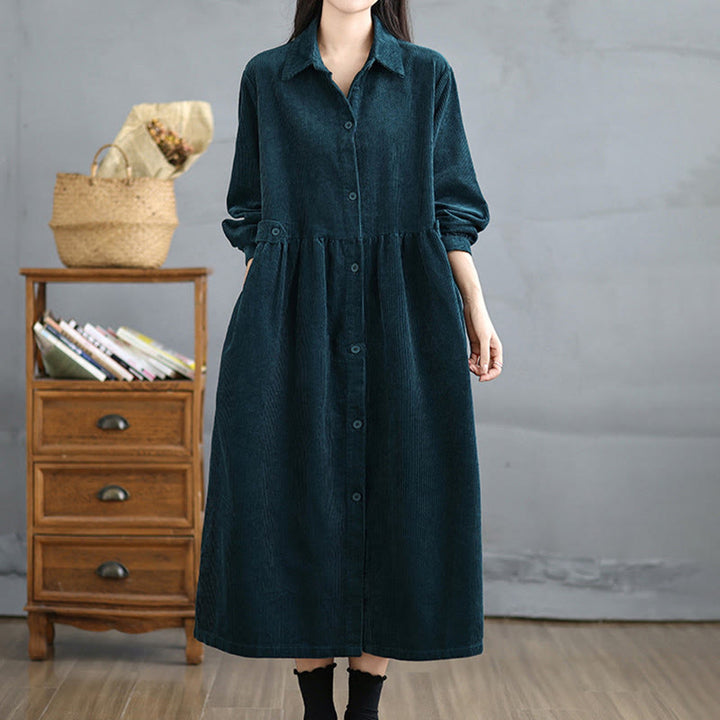 Buddha Stones Plain Buttons Long Sleeve Women's Cotton Corduroy Coat With Pockets - image 28