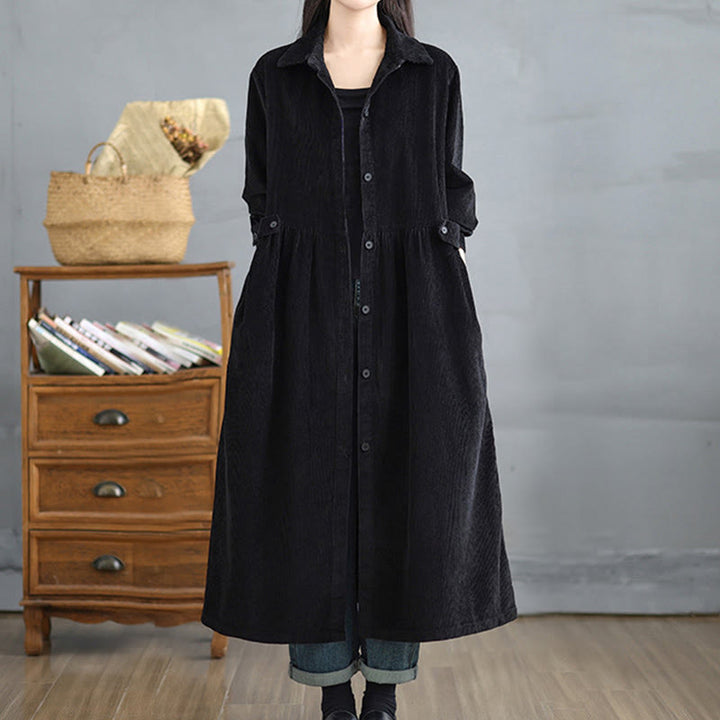 Buddha Stones Plain Buttons Long Sleeve Women's Cotton Corduroy Coat With Pockets - image 14