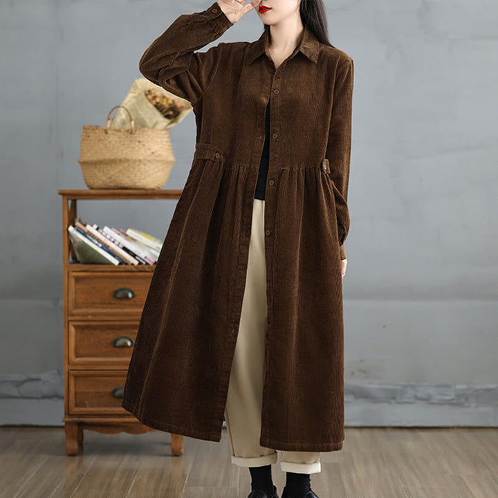 Buddha Stones Plain Buttons Long Sleeve Women's Cotton Corduroy Coat With Pockets - image 1