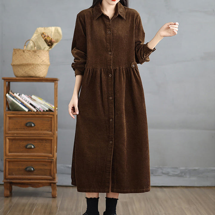 Buddha Stones Plain Buttons Long Sleeve Women's Cotton Corduroy Coat With Pockets - image 3