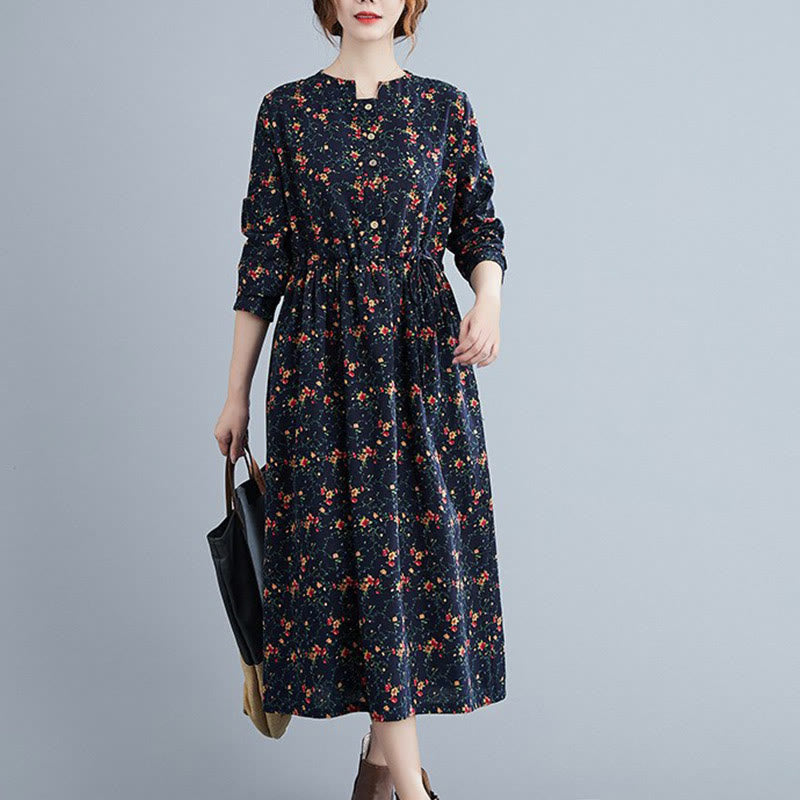 Buddha Stones Commute Floral Drawstring Women's Long Sleeve Cotton Midi Dress With Pockets - MidnightBlue - US12，UK/AU16，EU44 (3XL) - image 12