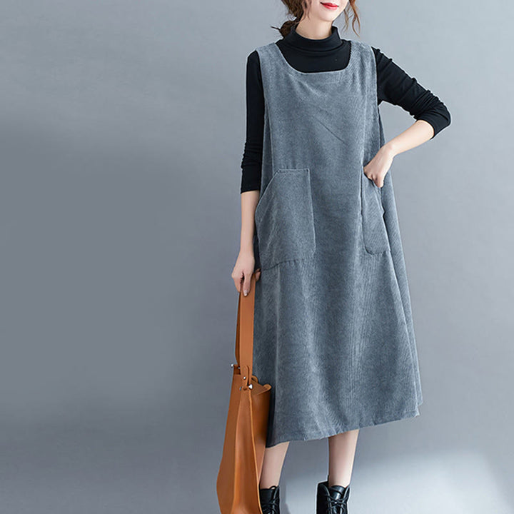 Buddha Stones Commute Crew Neck Women's Sleeveless Cotton Corduroy Midi Dress With Pockets - image 27