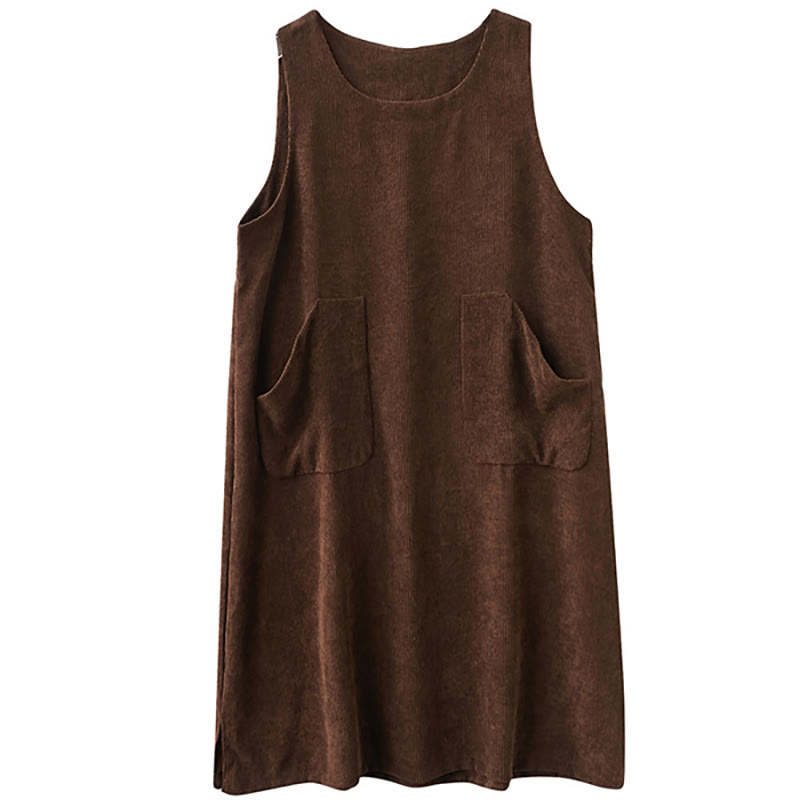 Buddha Stones Commute Crew Neck Women's Sleeveless Cotton Corduroy Midi Dress With Pockets - image 14