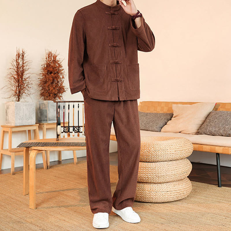 Buddha Stones 2pcs Plain Men's Frog-button Long Sleeve Shirt Pants Cotton Corduroy Set With Pockets - image 4