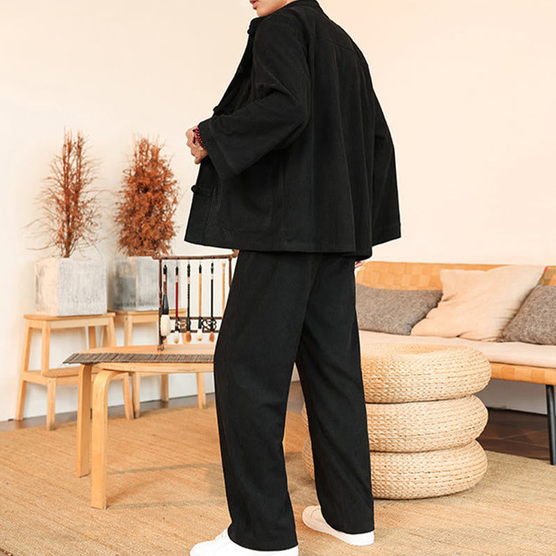 Buddha Stones 2pcs Plain Men's Frog-button Long Sleeve Shirt Pants Cotton Corduroy Set With Pockets - image 24