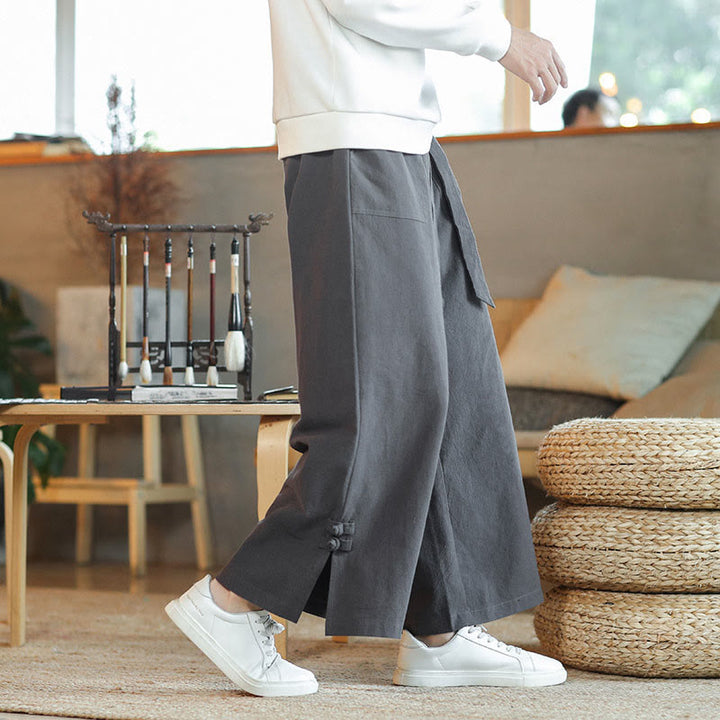 Buddha Stones Fall Drawstring Chinese Frog-Button Men's Wide Leg Cotton Pants With Pockets - image 4