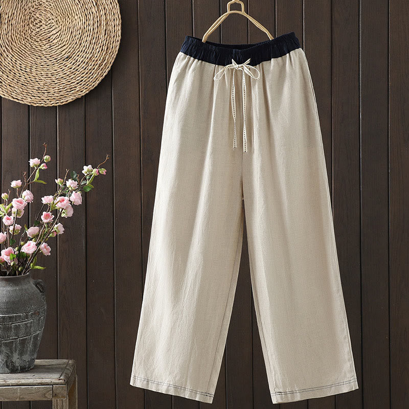Buddha Stones Casual Splicing Color Rope Women's Cotton Straight-leg Pants With Pockets - Linen - US8-10，UK/AU12-14，EU40-42 (2XL) - image 0