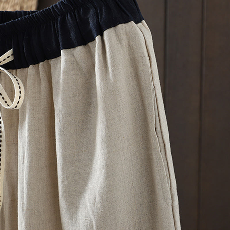 Buddha Stones Casual Splicing Color Rope Women's Cotton Straight-leg Pants With Pockets - image 4