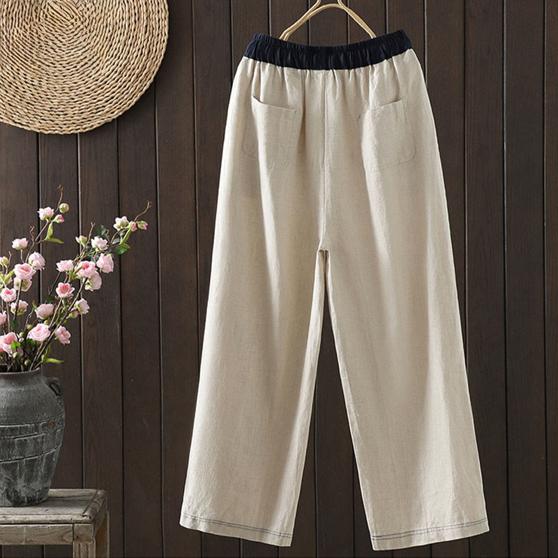 Buddha Stones Casual Splicing Color Rope Women's Cotton Straight-leg Pants With Pockets - image 1