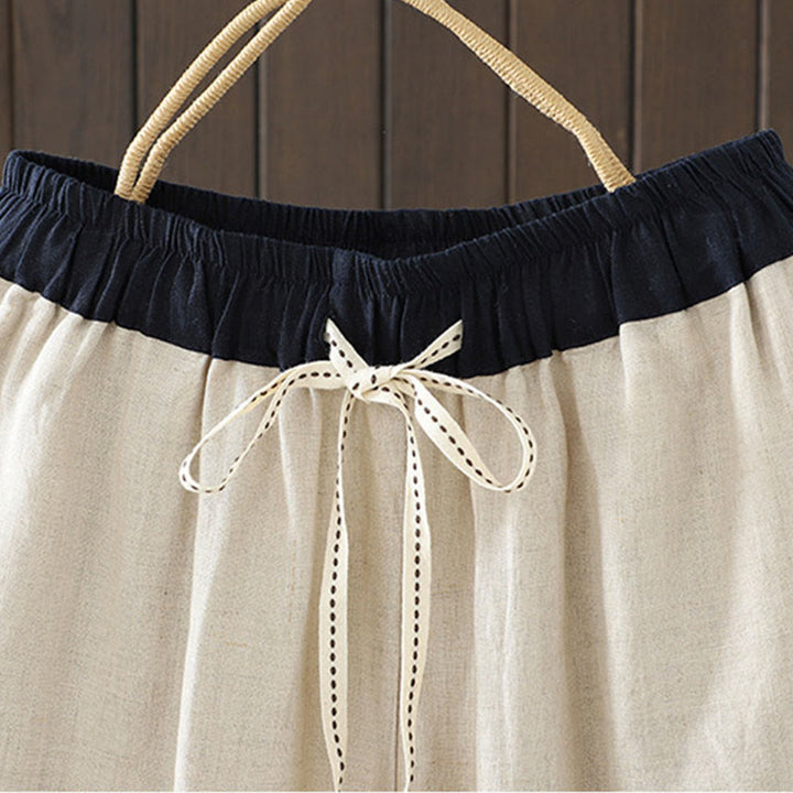 Buddha Stones Casual Splicing Color Rope Women's Cotton Straight-leg Pants With Pockets - image 2