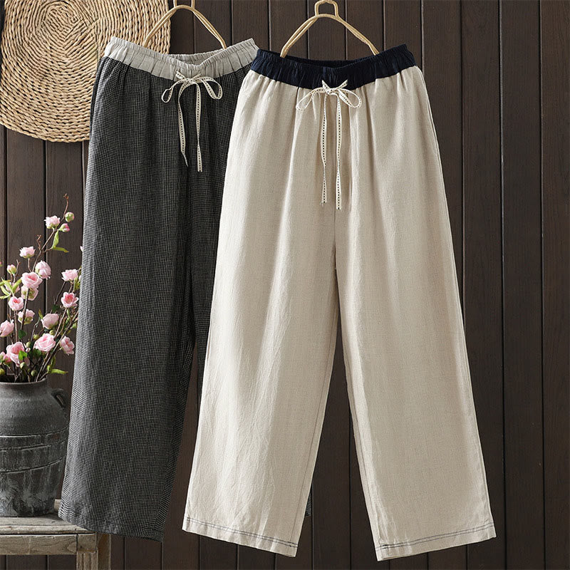 Buddha Stones Casual Splicing Color Rope Women's Cotton Straight-leg Pants With Pockets - image 17
