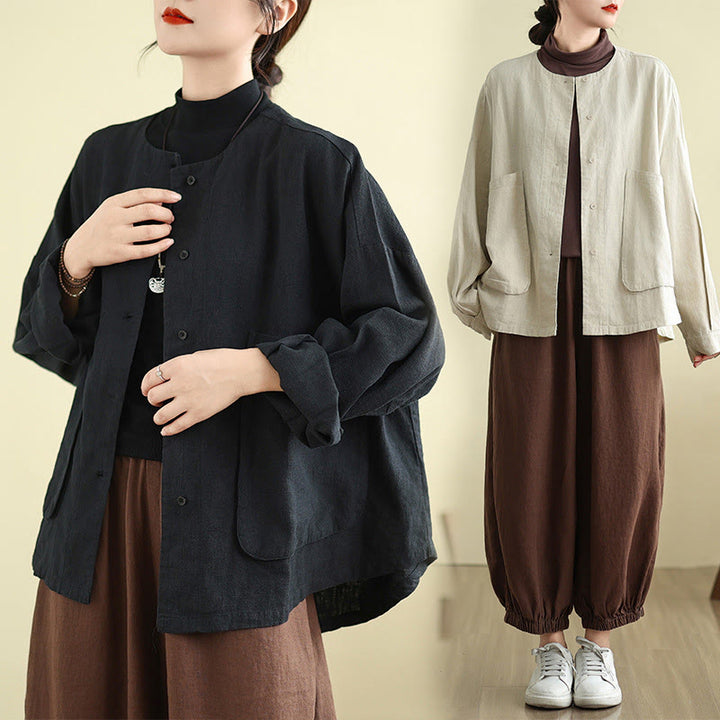 Buddha Stones Women's Long Sleeve Crew Neck Cotton Jacket With Pockets - image 15