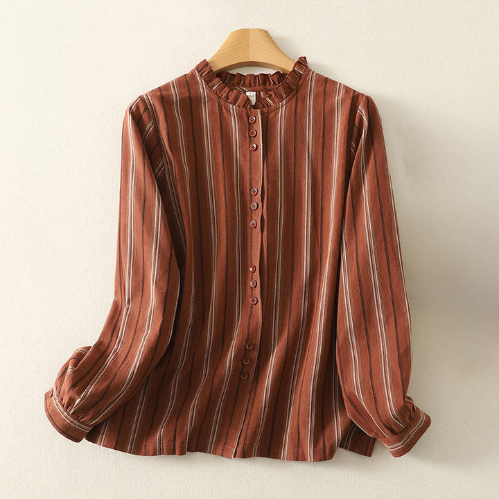 Buddha Stones Casual Retro Stripes Women's Long Sleeve Polyester Shirt - FireBrick - US12，UK/AU16，EU44 (2XL) - image 0