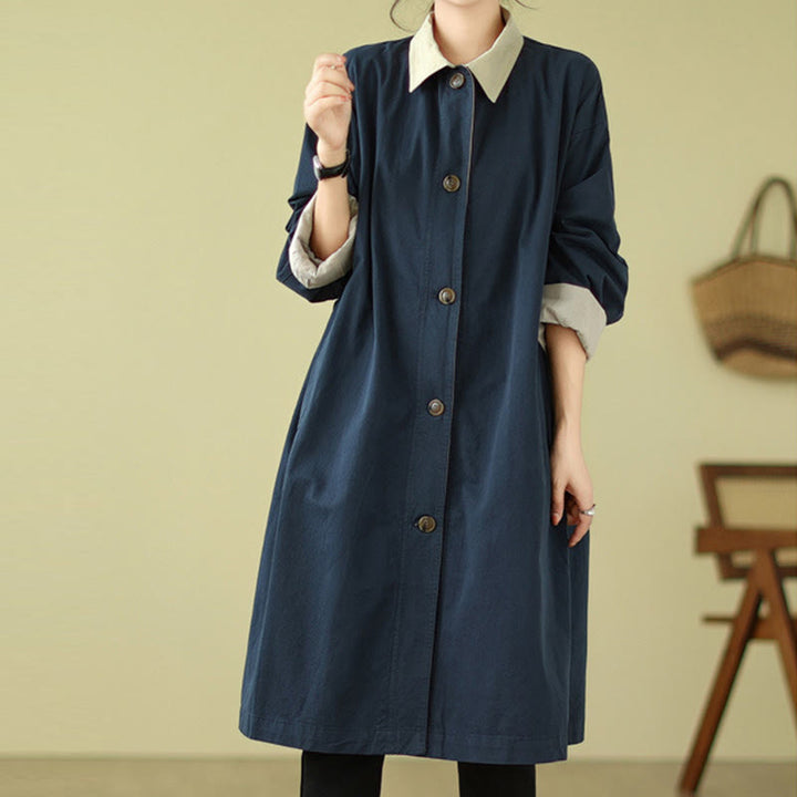 Buddha Stones Splicing Color Buttons Women's Cotton Coat With Pockets - image 6