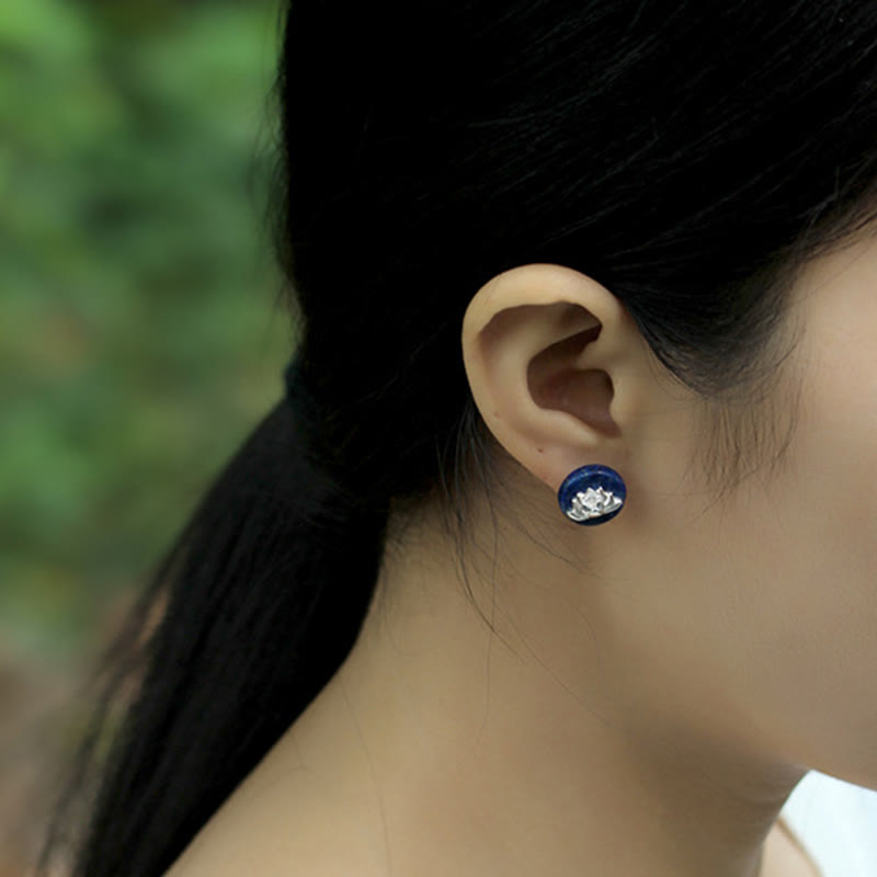 Buddha Stones Lazurite 925 Sterling Silver Lotus Pattern Enlightenment Earrings  - image 11