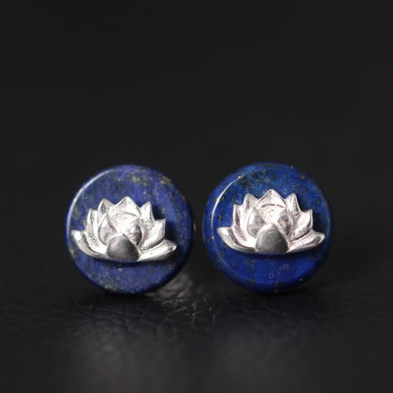 Buddha Stones Lazurite Lapis Lazuli 925 Sterling Silver Lotus Pattern Enlightenment Earrings - Lazurite Lotus(925 Sterling Silver Posts) - image 0