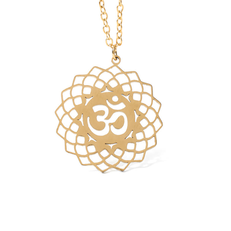 Buddha Stones Hollow Lotus Design Om Symbol Stainless Steel Connection Necklace Pendant - image 6