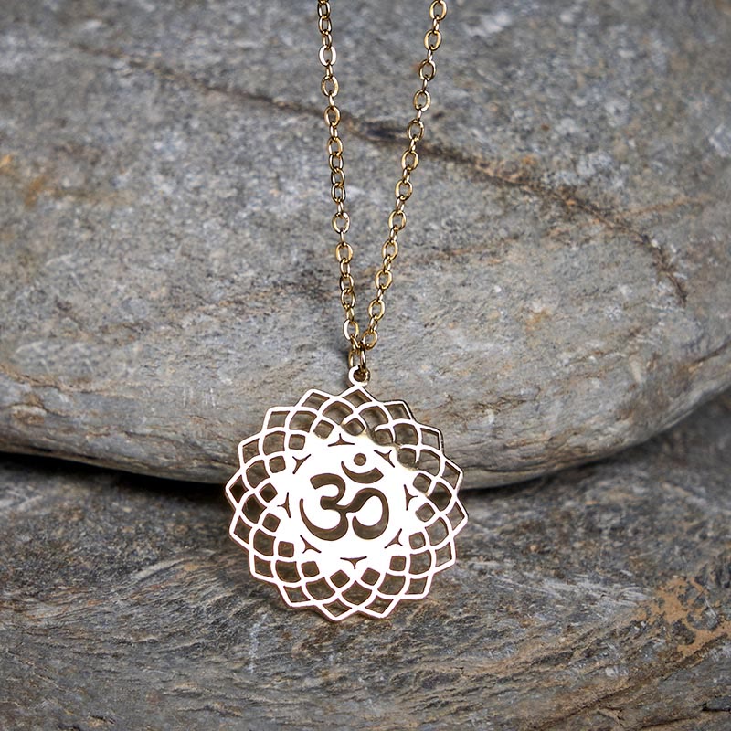 Buddha Stones Hollow Lotus Design Om Symbol Stainless Steel Connection Necklace Pendant - image 1