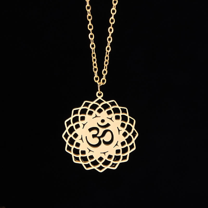 Buddha Stones Hollow Lotus Design Om Symbol Stainless Steel Connection Necklace Pendant - image 2