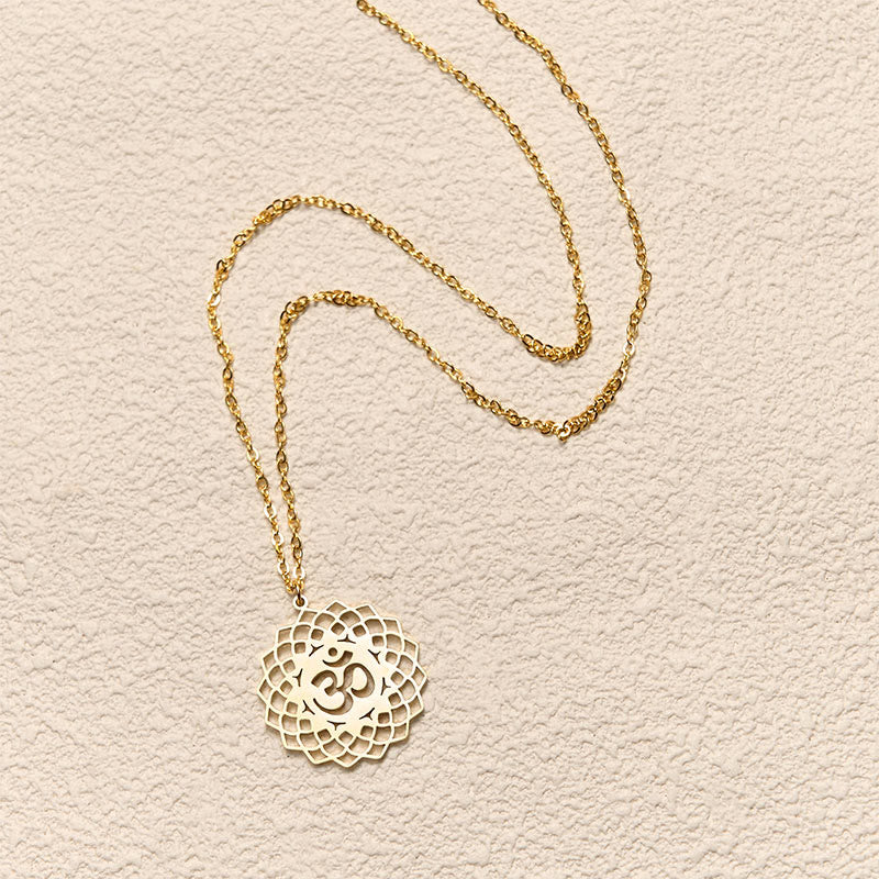 Buddha Stones Hollow Lotus Design Om Symbol Stainless Steel Connection Necklace Pendant - image 4