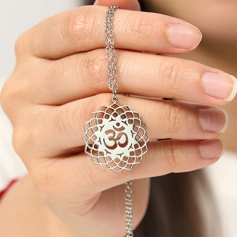 Buddha Stones Hollow Lotus Design Om Symbol Stainless Steel Connection Necklace Pendant - image 13