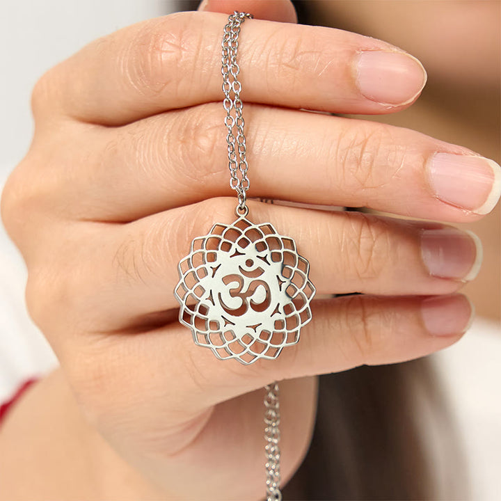 Buddha Stones Hollow Lotus Design Om Symbol Stainless Steel Connection Necklace Pendant - image 13
