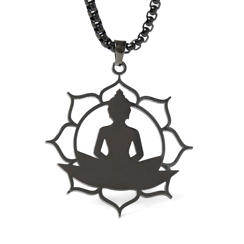 Buddha Stones Vintage Lotus Sitting Buddha Design Stainless Steel Enlightenment Necklace Pendant - image 18