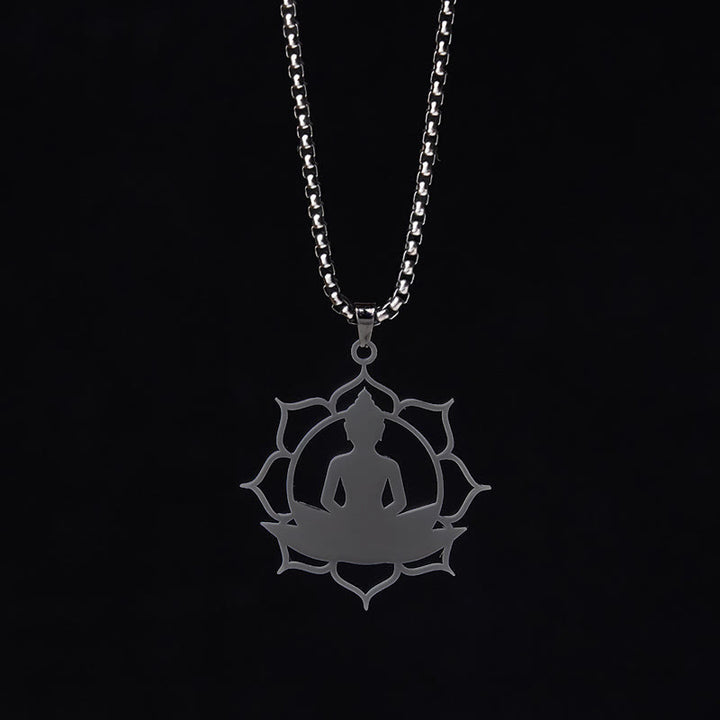 Buddha Stones Vintage Lotus Sitting Buddha Design Stainless Steel Enlightenment Necklace Pendant - image 17
